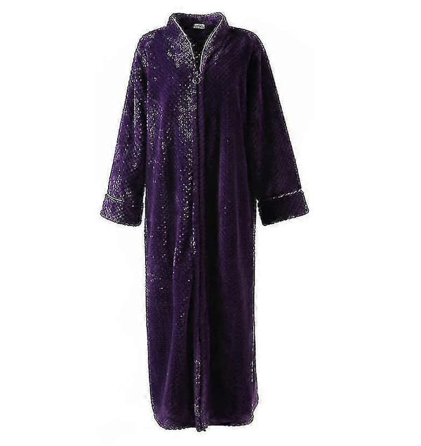 Blixtlåsbadrock för kvinnor i flanellfleece, vintervarm morgonrock nattlinne purple L