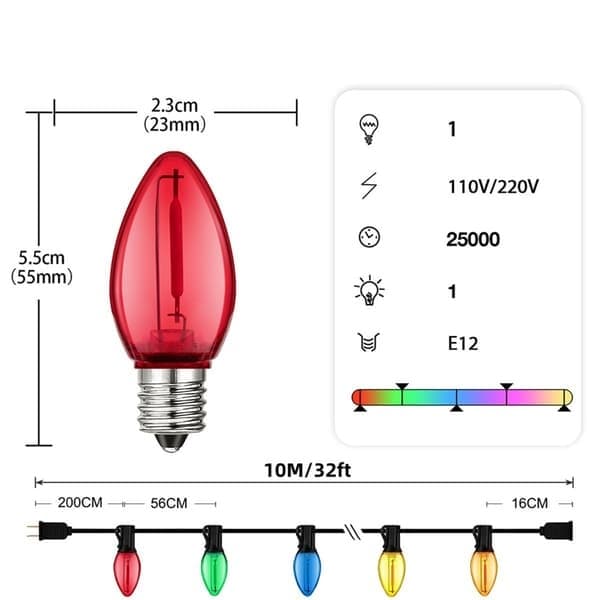 10M 15 LED-jouluvalot lisäpolttimolla - E12-kanta, monivärinen, IP44-vesitiivis