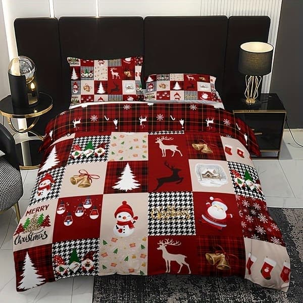 3 stk. jule ensfarvet og ternet sengesæt - Inkluderer 1 dynebetræk og 2 pudebetræk, åndbar polyester, maskinvaskbar - Perfekt Polychrome 173cm*229cm