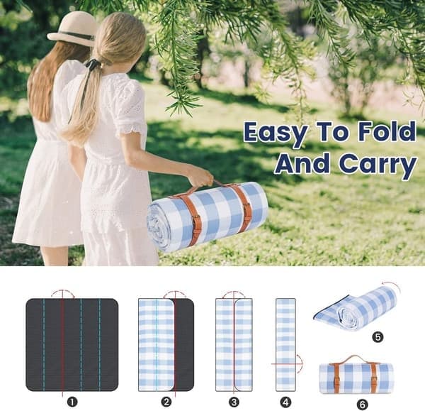 Ekstra stort piknikteppe, vanntett og sammenleggbart strandteppe, for camping, park, strand, gress, innendørs White & Blue Grids