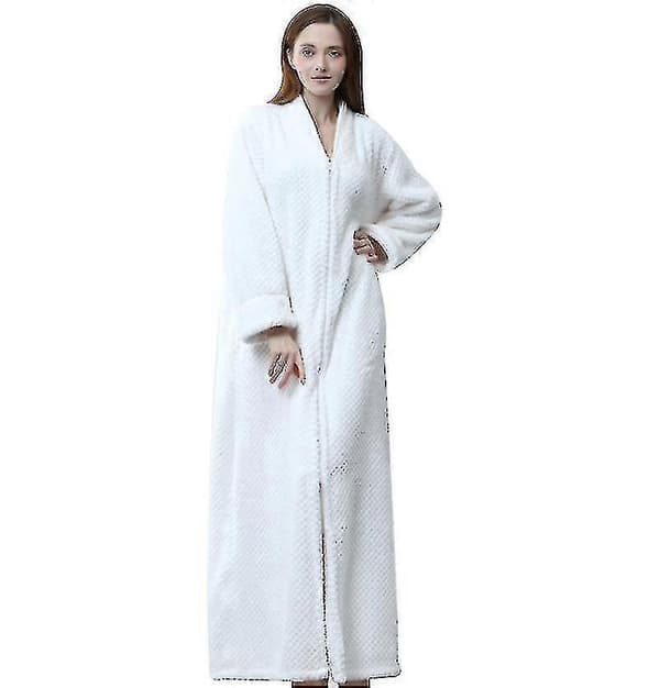 Badekåpe med glidelås for kvinner i flanellfleece, varm vintermorgenkåpe nattkjole white S