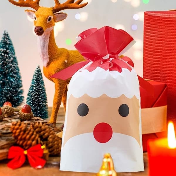Presentpåsar 50 st Jul Röd Tomte Julinslagning Presentpaket Godispåse Plastmaterial