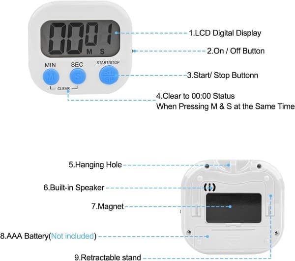 Magnetisk kökstimer från Pieces, stoppur med stor LCD-display, nedräkningstimer för matlagning (vit)