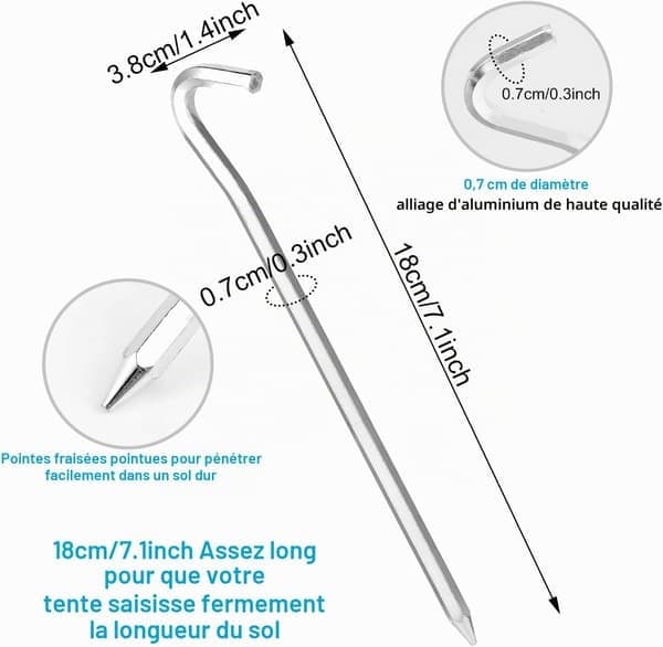 Kraftige teltplugger: 14-pakning, 18 cm, aluminium, egnet for hardt underlag - ideell for camping