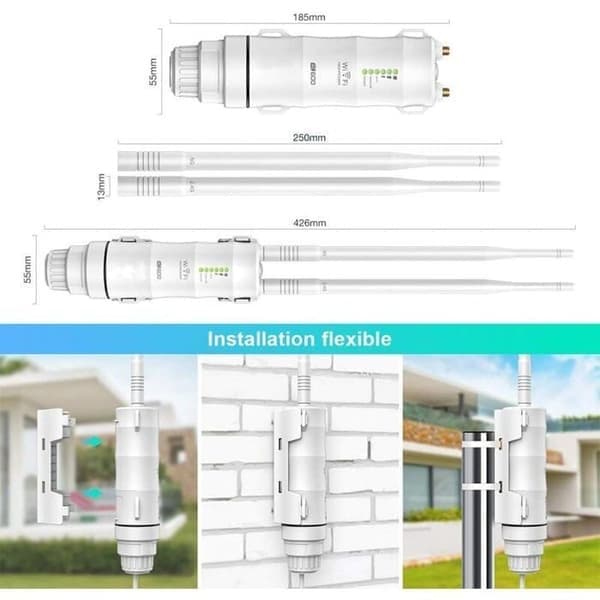 Kraftig udendørs WiFi-forstærker/WiFi-repeater med PoE-understøttelse/Dual Band 2,4+5G/2 langtrækkende WiFi-antenner