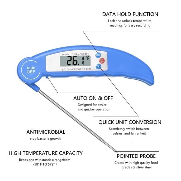 Køkkentermometer, digitalt stegetermometer med probe, hurtiglæsende ovntermometer, LCD-display, til grill, cappuccino og mælk (27*4*2.3cm)