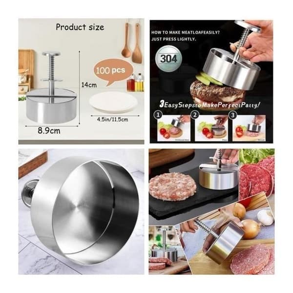 Hamburgerpress, form för köttfärs, justerbar köttfärspress, hamburgerpress + bakplåtspapper, för fester, köttbullar, ravioli