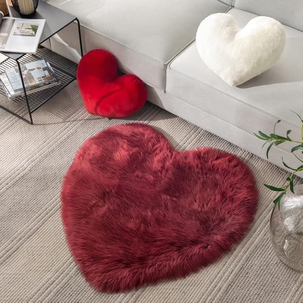 Røde hjerteformede pyntepuder, kunstig kaninpels 3D fluffy hjerte dekorativ, bløde pyntepuder gave til børn stue og sofa