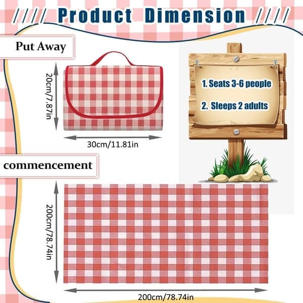 Rødt picnictæppe, 200*200 cm, foldbart med håndtag, vandtæt, ideelt til parker og camping.