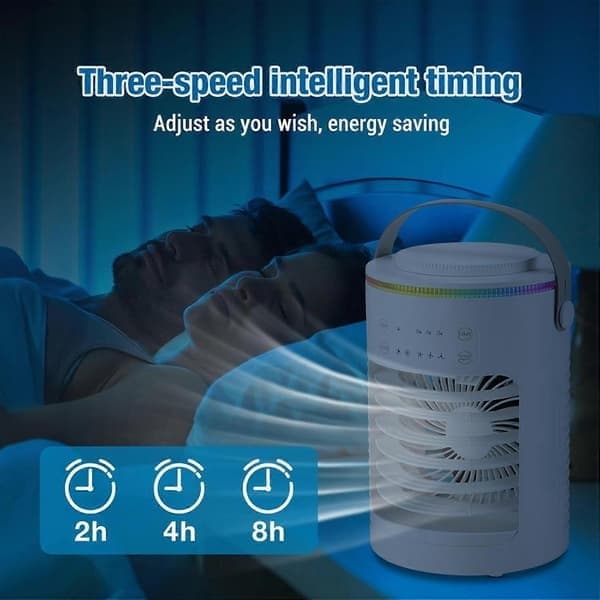 Bærbar Aircondition Ventilator, 3 Hastigheder Genopladelig Fordampningskøler med 5000mAh Batteri & 2-8T Timer, 7 Farver LED Lys Mini Køler