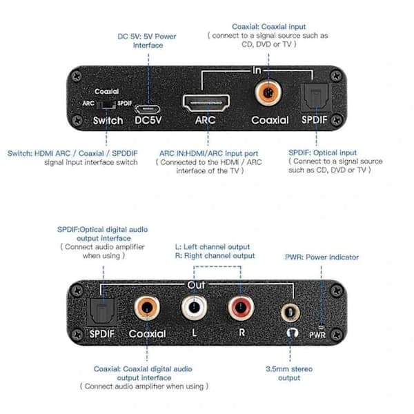 Audio Extractor 192KHz DAC-konverter ARC Audio Extractor understøtter digital HDMI-kompatibel lyd til A Sort