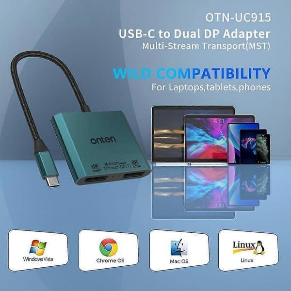 ONTEN OTN-UC915 USB-C till dubbel DP 4K 60Hz-omvandlare Multi-Screen Display Adapter
