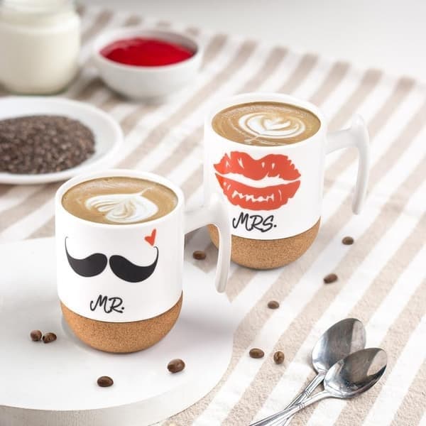 Keramiska kaffekoppar med träbas, 300 ml, jul-, bröllops-, par- eller jubileumspresent