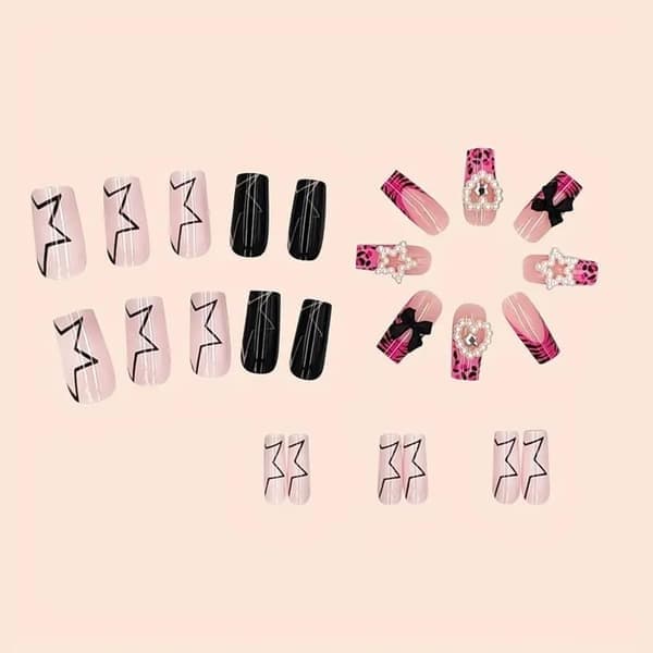 Pink Press on Nails Medium Square, Press on French Nail Art Tips Glue on Nails Full Coverage False Nails