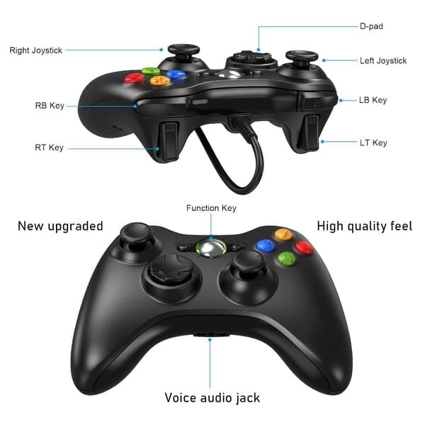 X-Box 360-kontroller kablet, Gamepad-kontroller med kablet USB for Microsoft X-Box 360 og Slim-konsoll og PC Windows XP/7/8/10, med oppgradert joystick