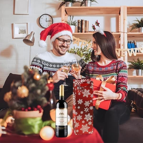 Julevinflaskeposer Kraftpapir med solid håndtak, 12 vingaveposer med mønster