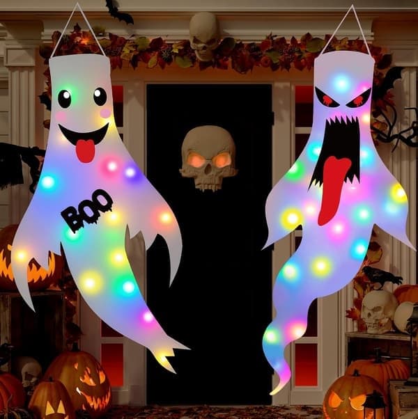 Halloweenpynt Udendørs Indendørs, 2-pak Lysende Spøgelsesdekorationer med LED-lys, Hængende Spøgelse Halloweenpynt