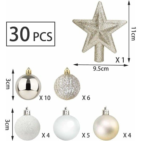 30 stk Mini Julekuler med Henger, 3CM Små Gull og Hvite Julekuler Mini Juletrepynt Bordjul