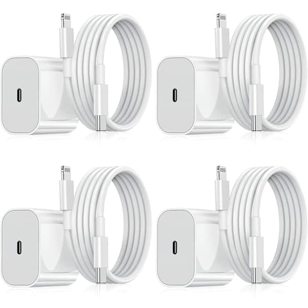 4-pakning - iPhone-lader - Hurtiglader - Adapter + 2m Kabel 20W Lightning Hvit 4-Pack Lightning
