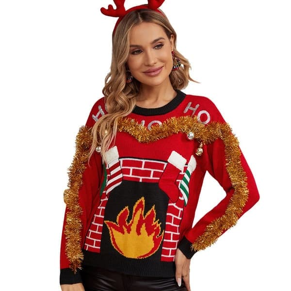 Höst och vinter Ny Casual Jul Röd Tröja Pullover Kvinnlig Broderade Bokstäver Jul Stickad Tröja Red Christmas sweater L
