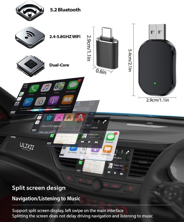 Langaton CarPlay-sovitin 2025 päivitetty, Plug & Play, langaton sovitin Apple CarPlaylle, autot vuodesta 2016 ja iPhone iOS 12+