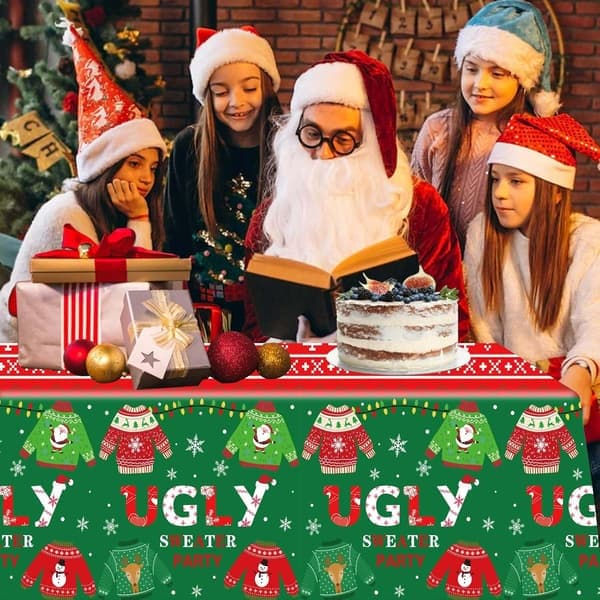 Juledug, 2 stk., 137 x 274 cm, stor rød rektangulær dug til jul, grim sweater, middag, glædelig