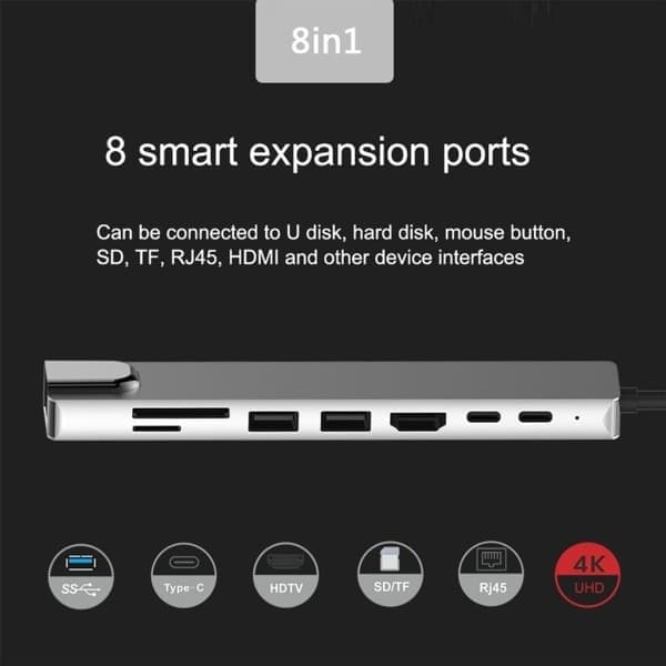 8-in-1 Type-C Hub USB 3.0 USB-C HDMI LAN RJ45 SD TF -sovitin Macbook-kannettavalle