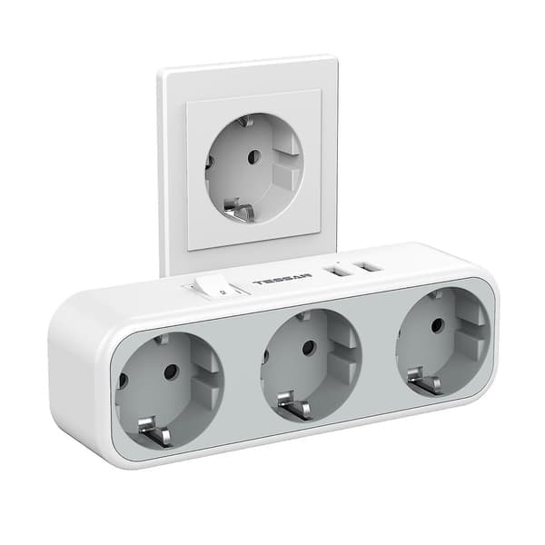 Veggmontert strømpluggadapter 3-veis med 2 USB-porter og bryter, 3 stikkontakter europeisk plugg for stikkontakter, multippel plugg for stikkontakter og USB-adapter