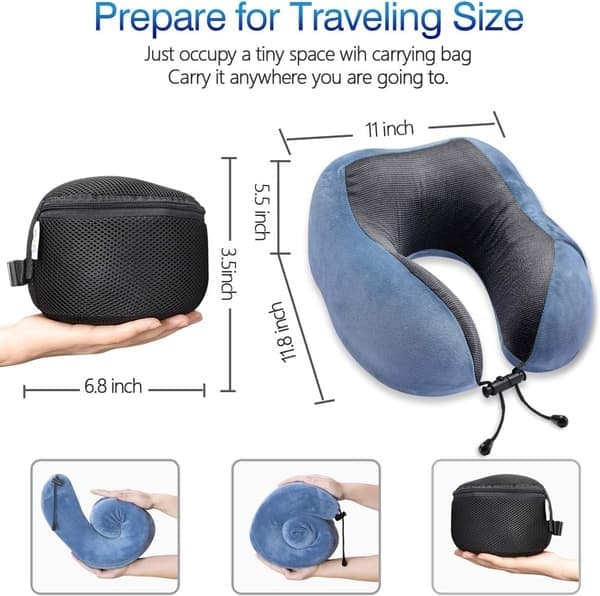 Resekudde Memory Foam Nackkudde för Flygplan Tvättbart Velouröverdrag Ergonomisk Nackstödskudde med Sovmask & Öronproppar