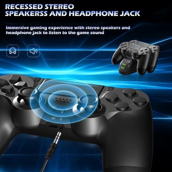 Trådløs controller 2-pak til PS4/Slim/Pro, controllere til PlayStation 4 med dobbelt vibration/3,5 mm lyd/opladningsport og 2 kabler black