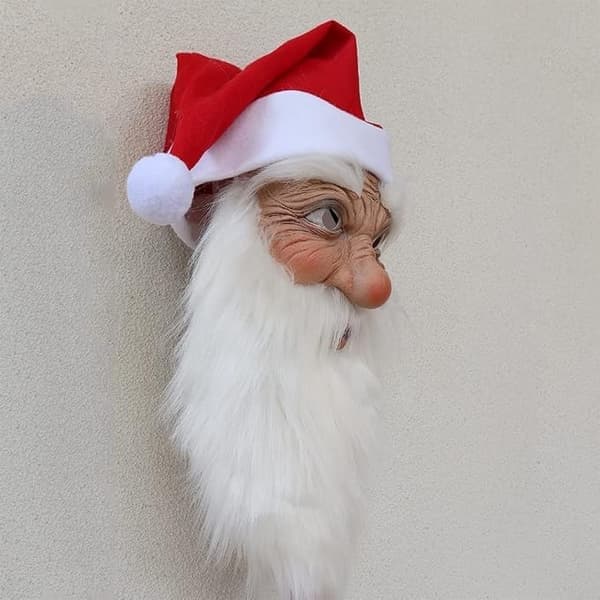 Julemaske, rød julehatt, parykk, skjegg, hette