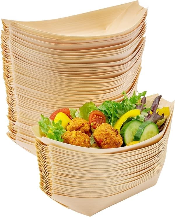 8 \" tum stora engångstallrikar i bambu 100-pack - Biologiskt nedbrytbara sushibåtar serveringsbricka, träpapperstallrikar, bambubehållare