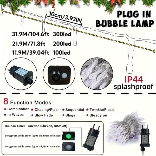 300 LED Plug-in Fairy String Lights, 8 Modes Timer Memory Function, Varm Hvit for Innendørs Utendørs Juletre Halloween Festdekorasjoner