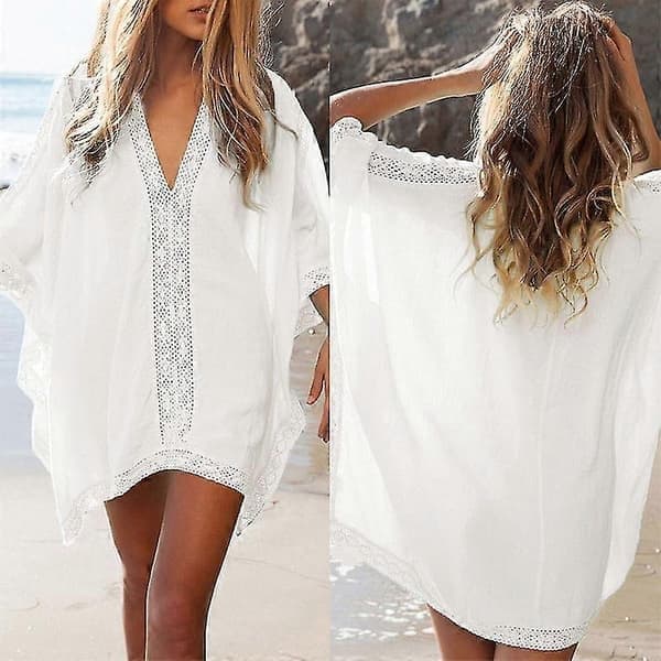 Løs Bikini Strandtop til Kvinder V-hals Strand T-shirt Kjole Badedragt
