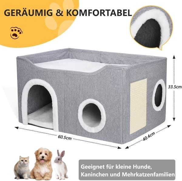 Katteseng til indekatte, foldbart kattehus med terningformede kattesenge - Stor blød kattehule med kradsebræt, overdækket kat