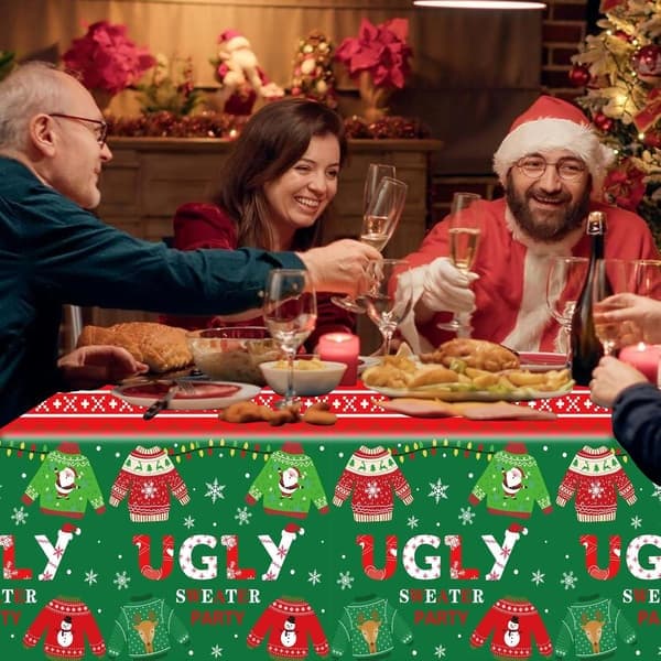 Juledug, 2 stk., 137 x 274 cm, stor rød rektangulær dug til jul, grim sweater, middag, glædelig