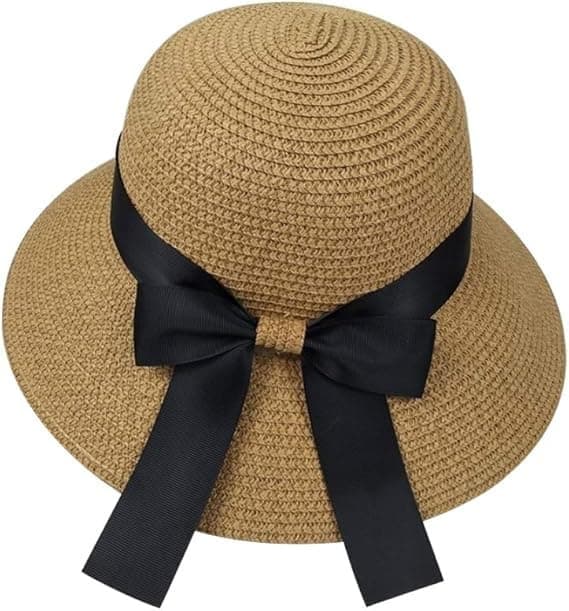 Solhatt för kvinnor, mjuk vikbar stråhatt med rosett för sommar och strand Khaki