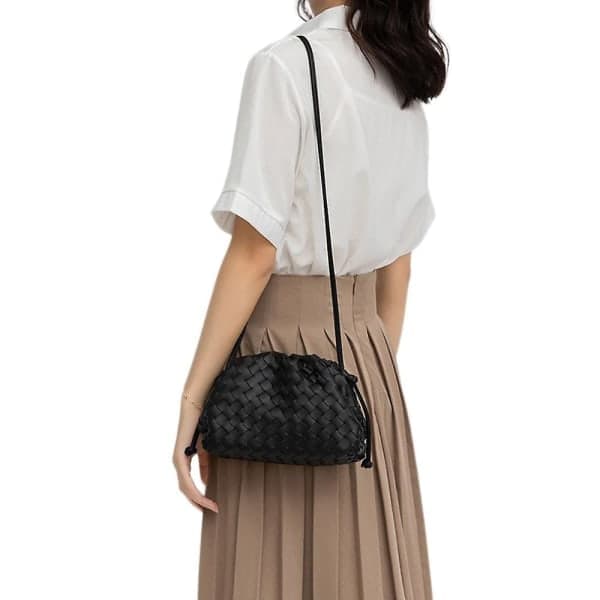 PU Vävd Väska Satchel Cloud Mini Läder Clutch Väska Svart