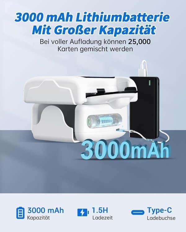 Elektrisk kortblander 3000mAh – Lydløs kortblander til 2 kortspil, UNO, Poker og Blackjack