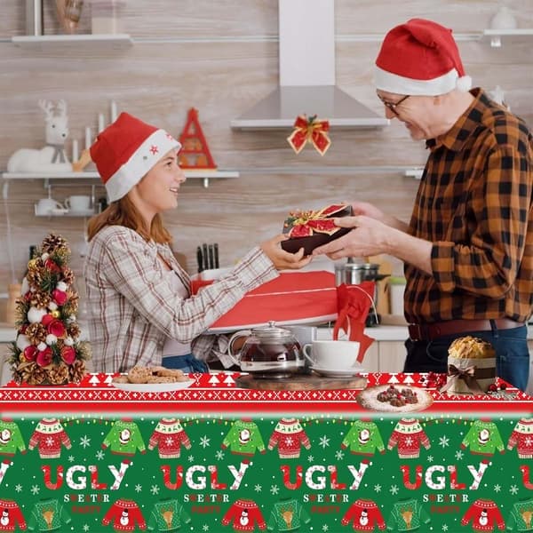 Juledug, 2 stk., 137 x 274 cm, stor rød rektangulær dug til jul, grim sweater, middag, glædelig