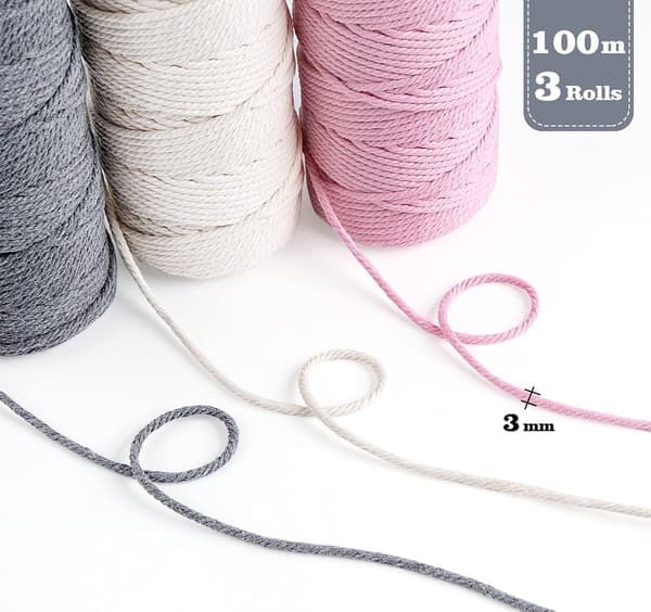 Rullar Makramérep 3mmx100m, DIY Bomullsrep för Väggbonader, Blomsterampel, Hantverk, Stickning, Dekorativa Projekt Light gray + light pink + beige