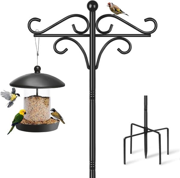 Fuglefoderstander, 195 cm (ca. 2 m) med 2 kroge, robust fritstående dobbelt havestander, sort.