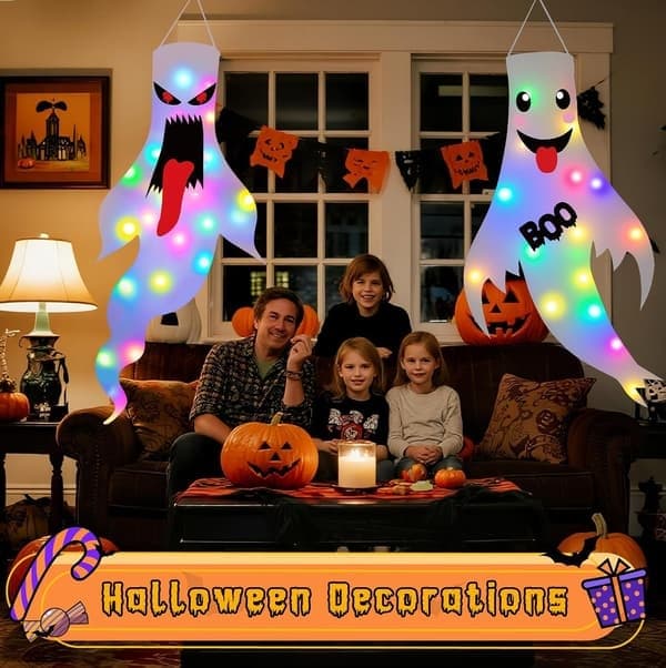 Halloweenpynt Udendørs Indendørs, 2-pak Lysende Spøgelsesdekorationer med LED-lys, Hængende Spøgelse Halloweenpynt