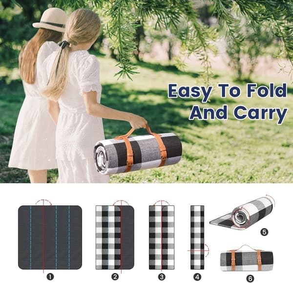 Ekstra stort piknikteppe, vanntett og sammenleggbart strandteppe, for camping, park, strand, gress, innendørs Black & White Grids