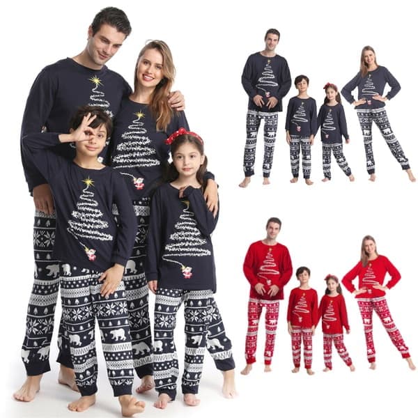 Julefamilie matchende pyjamassæt med juletræprint 4T