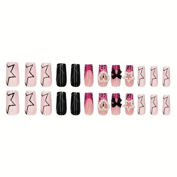 Pink Press on Nails Medium Square, Press on French Nail Art Tips Glue on Nails Full Coverage False Nails