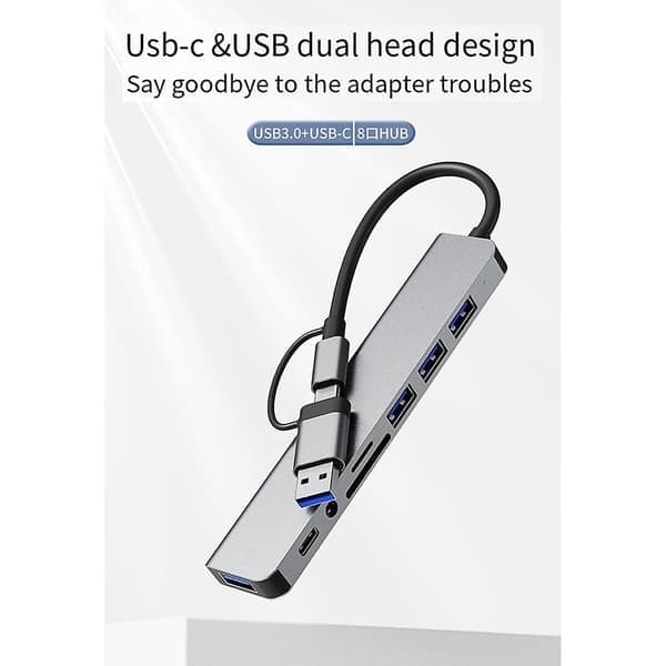 USB-dockingstation, 8-i-1-hub, med PD100W, SD/TF, Audio 3.5, 4 USB-porte, til bærbare computere, T