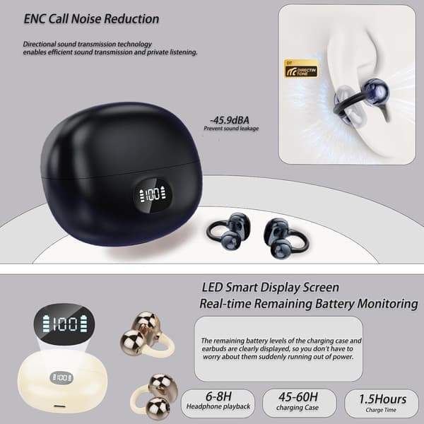 Sport Bluetooth 5.4 Hovedtelefoner – Ultralet 4,2g, LED Display, Open-Ear Stereo HiFi, 50 timers spilletid, IPX5, Android/iOS Kompatibel