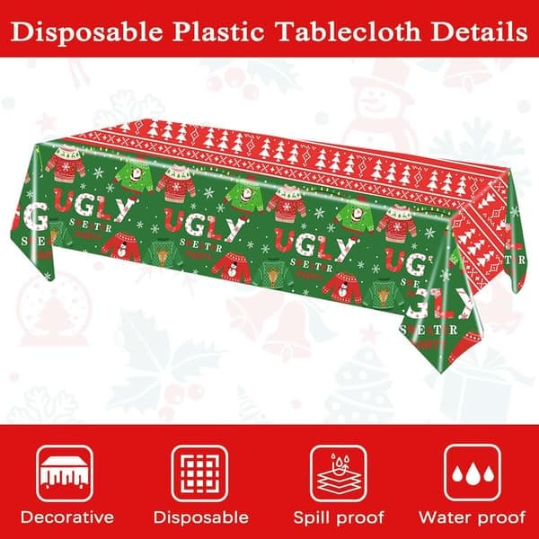Juledug, 2 stk., 137 x 274 cm, stor rød rektangulær dug til jul, grim sweater, middag, glædelig