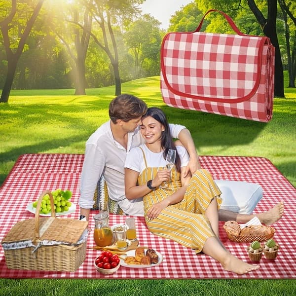 Rødt picnictæppe, 200*200 cm, foldbart med håndtag, vandtæt, ideelt til parker og camping.